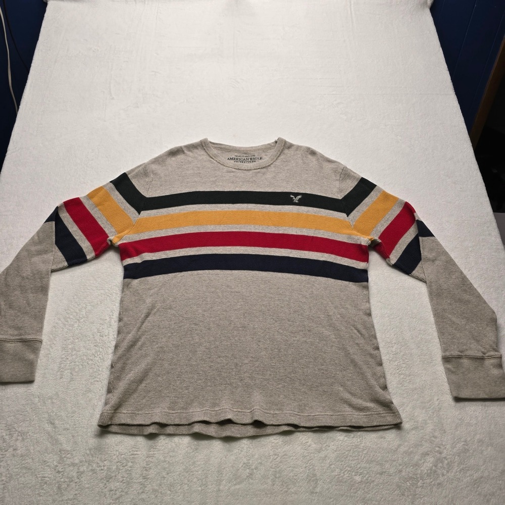 American Eagle Striped Waffle Knit Thermal Shirt Gray Long Sleeve Mens XL